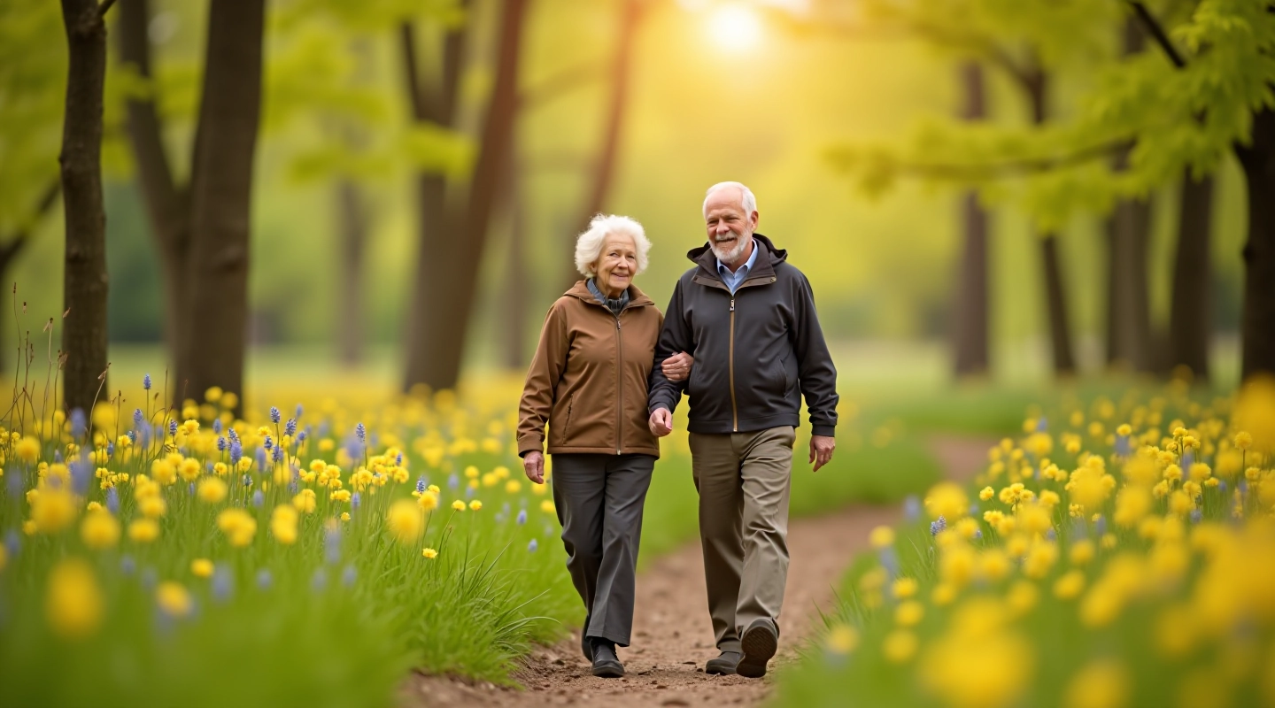 Senjoras ir seniorė pasivaikščiuoja per žalią pavasario mišką su gražiais žiedais